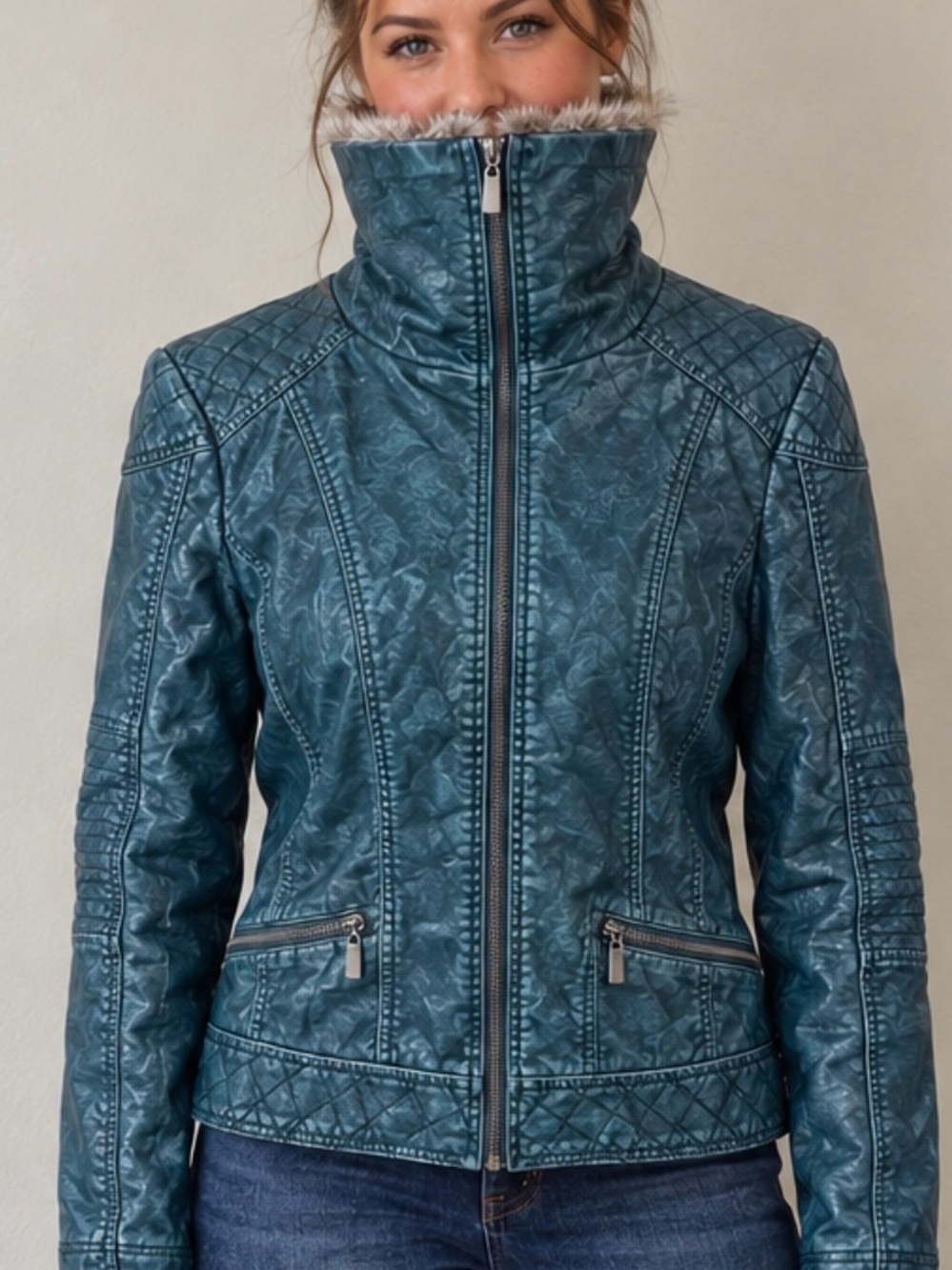 Xhilaration Teal Faux-Leather Zip Jacket with Faux-Fur Trim